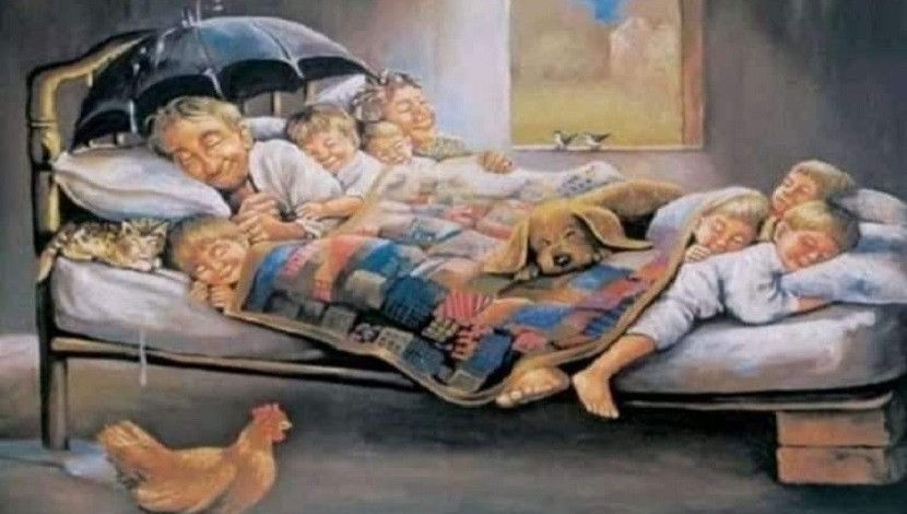 একটা রুম, যার ছাদ থেকে পানি পড়ছে। একটা  খাট, কিন্তু ভাঙা; সে খাটে অনেক শিশুসন্তান নিয়ে ঘুমিয়ে আছে বাবা- মা। ঘুমন্ত সবগুলো মুখ হাসিখুশি। আর তাদের কিছু পোষা প্রাণী তারপরও হ্যাপিনেস।

শিল্পী:  আবেদীন দিনো