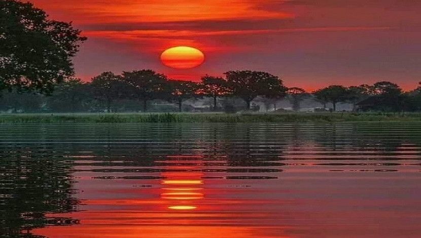 নদীর তীরে সূর্যের রক্তিম আলোর ছটায় প্রকৃতি নিজেকে সাজিয়েছে রঙে।